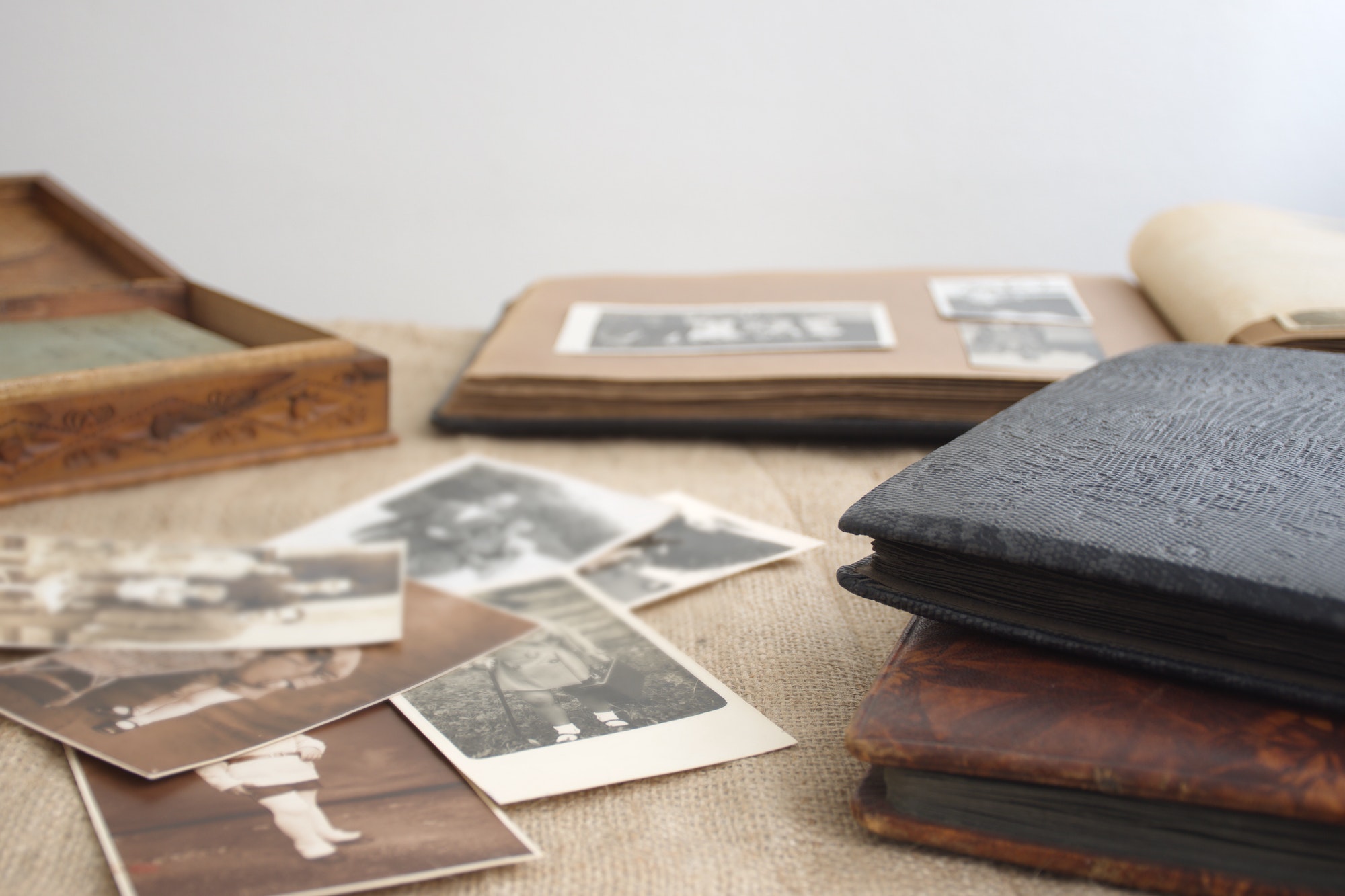 Vintage photo albums and black and white family photos